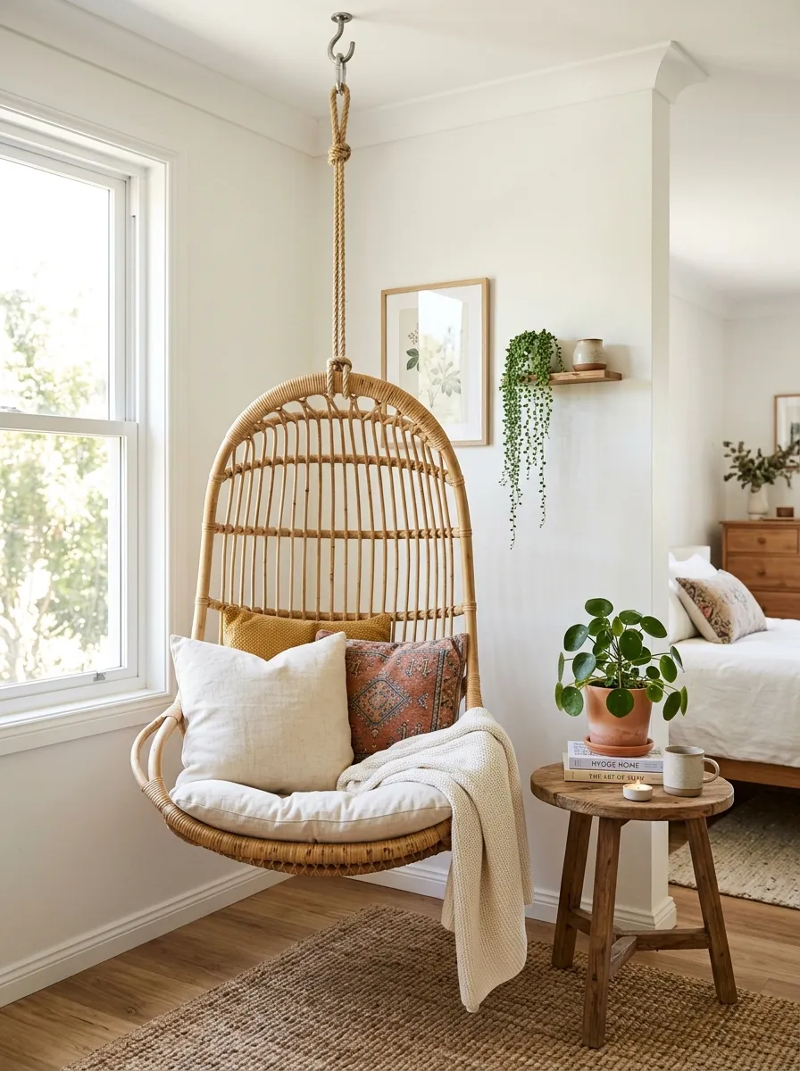 Realistic photo of a bedroom corner with a hanging rattan swing chair suspended from the ceiling, neatly arranged cushions on the seat, beautifully organized small side table with a plant, clean bright space, bright natural light, vibrant natural tones, real-life home interior, stock photography style, no people