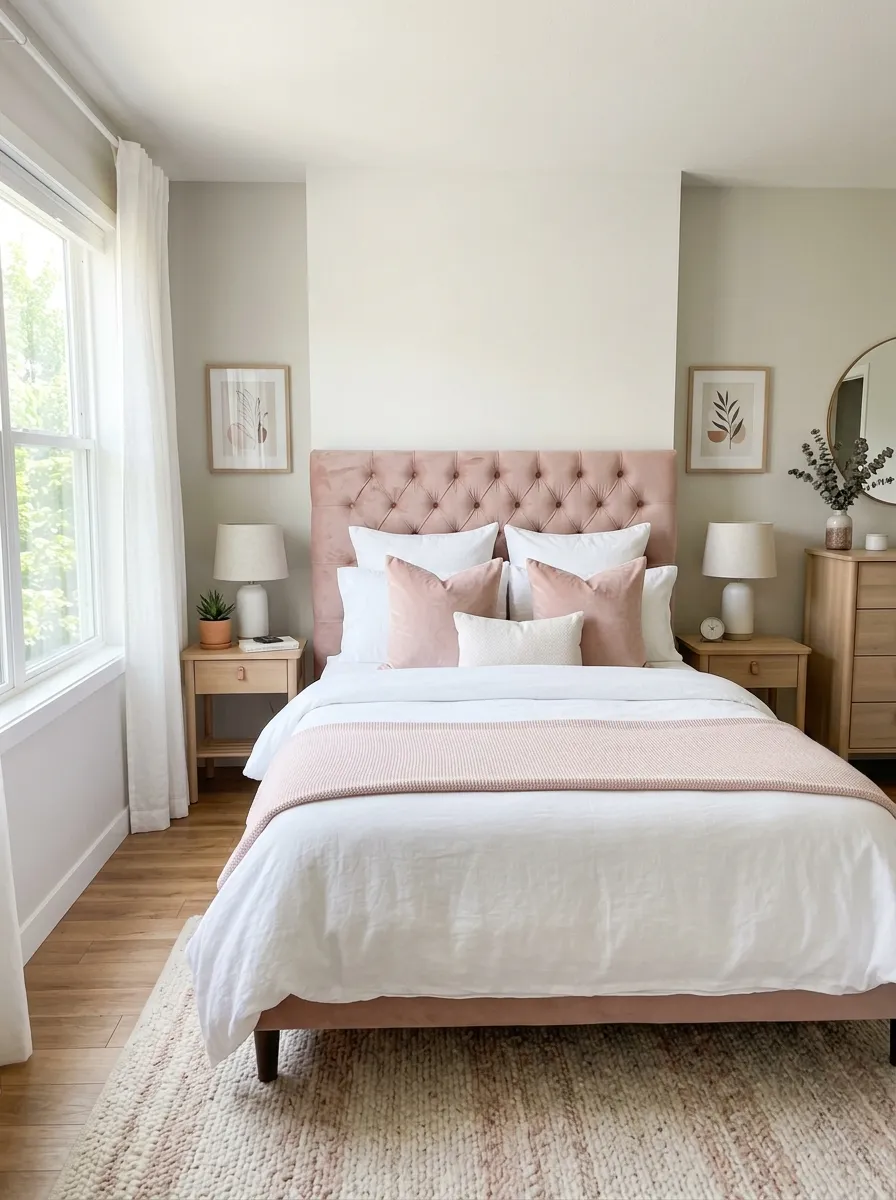 Realistic photo of a bedroom with a tufted velvet upholstered headboard in soft blush color, neatly made bed with matching pillows, beautifully arranged bedding, organized clean minimal decor, bright natural light, vibrant soft color contrast, real-life home interior, stock photography style, no people