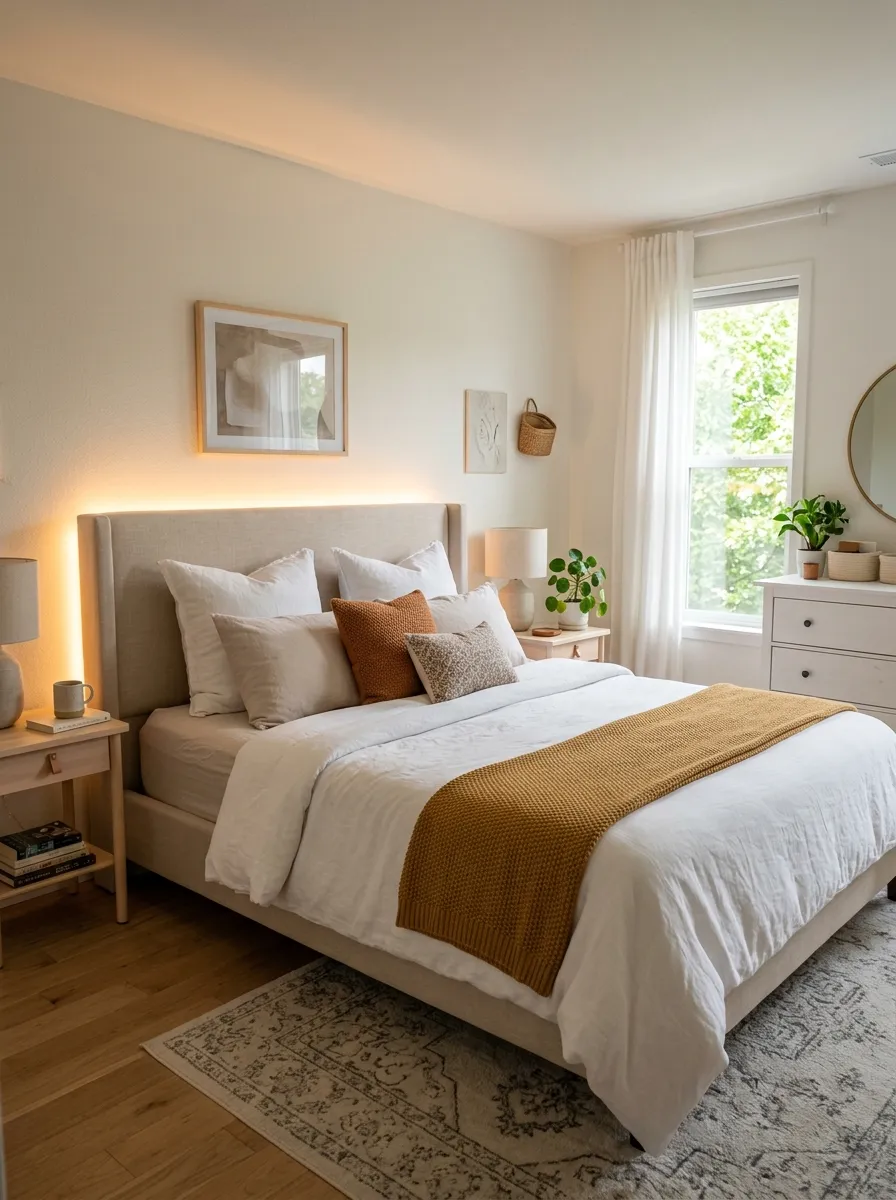 Realistic photo of a bedroom with a soft warm-toned LED light strip glowing gently behind a neatly made bed headboard, beautifully arranged pillows and bedding, organized clean room, bright natural light mixed with warm ambient glow, vibrant soft color accents, real-life home interior, stock photography style, no people