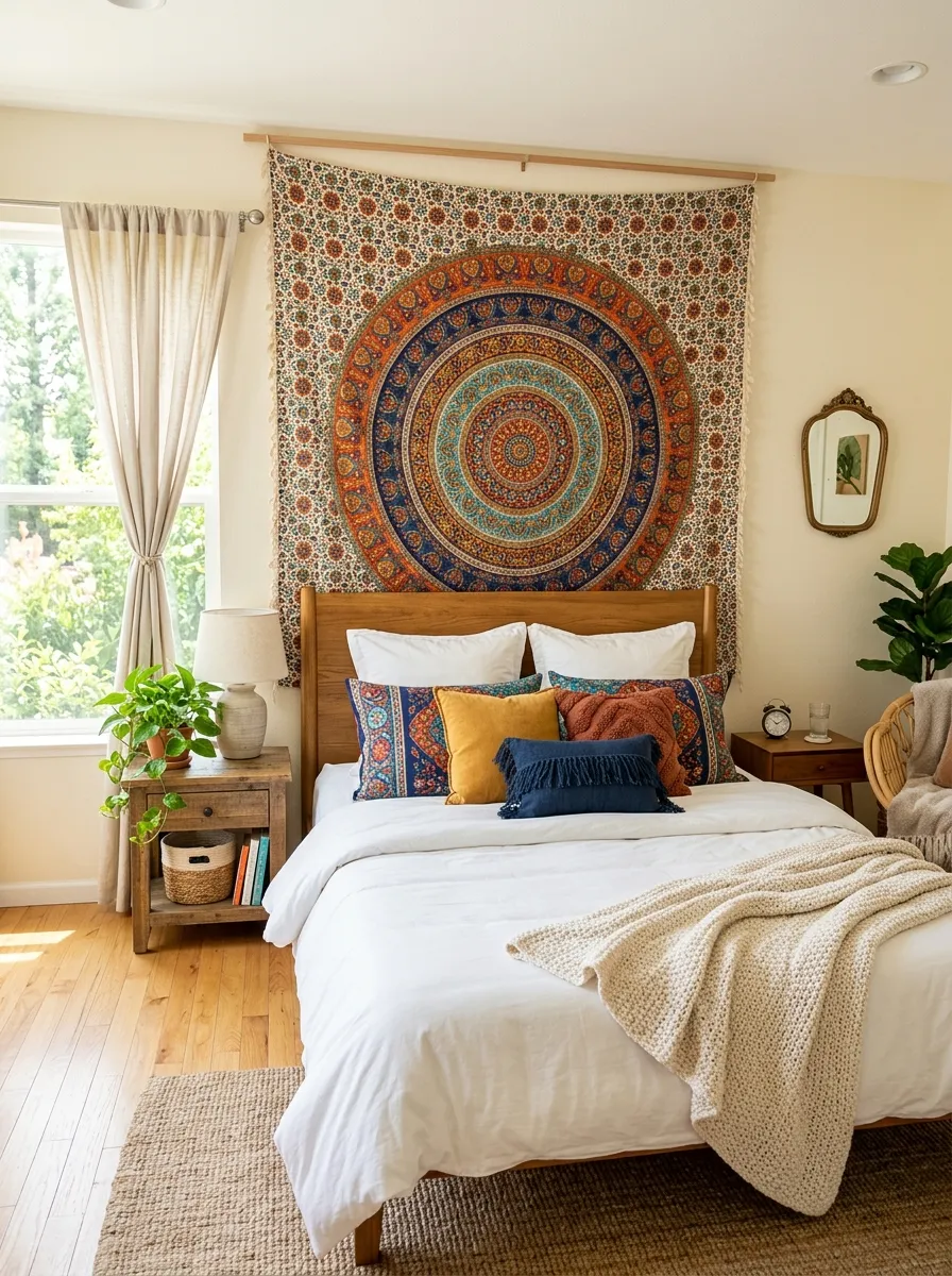 Realistic photo of a bedroom with a large patterned bohemian tapestry hung above a neatly made bed, beautifully arranged matching pillows and throw, organized clean bedroom styling, bright natural light, vibrant tapestry colors and patterns, real-life home interior, stock photography style, no people