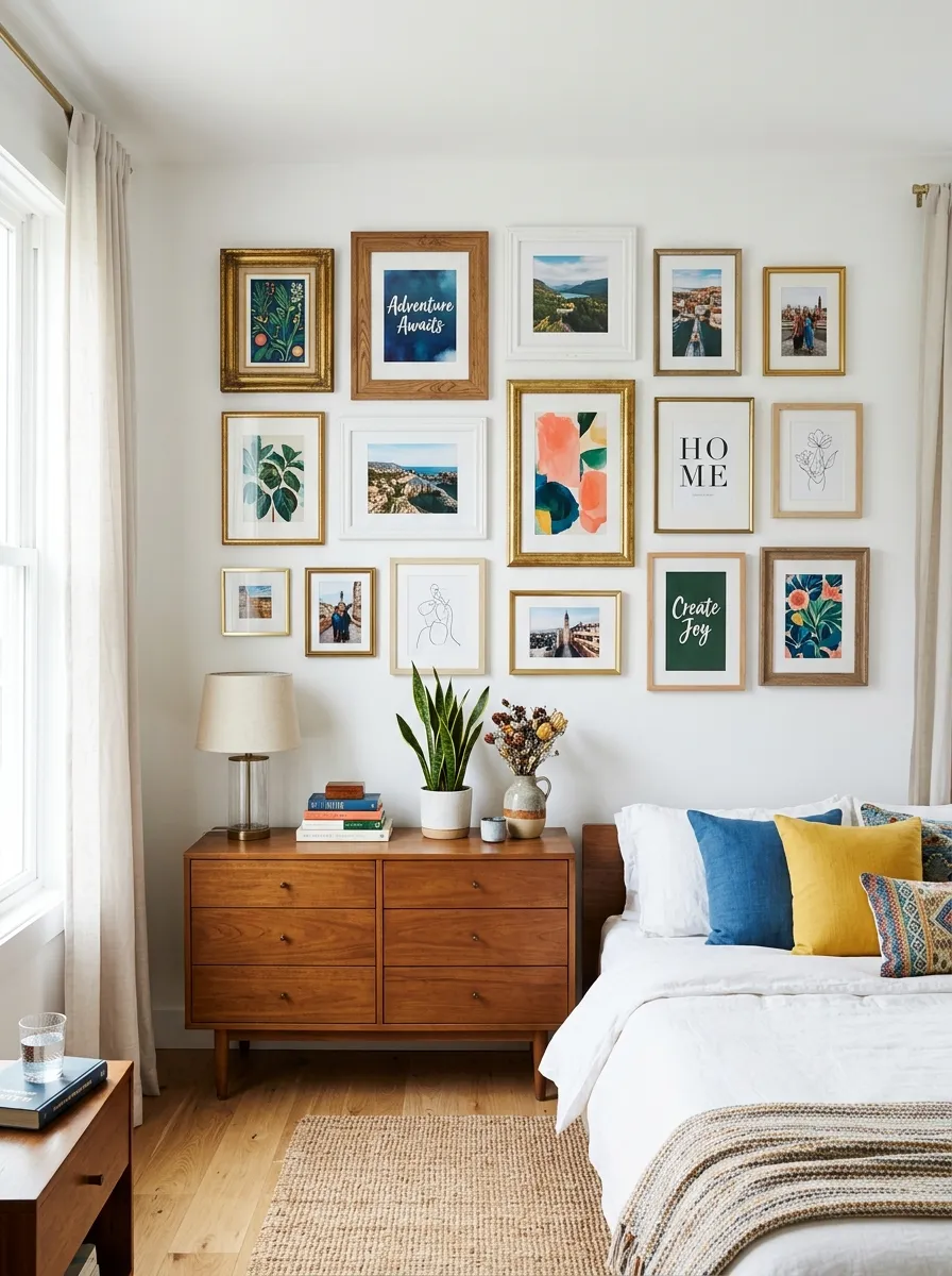 Realistic photo of a bedroom wall with a neatly arranged gallery of mismatched picture frames in gold, wood, and white, beautifully arranged art prints and photos, organized symmetrical layout, clean white wall, bright natural light, vibrant colorful artwork, cozy real-life home interior, stock photography style, no people