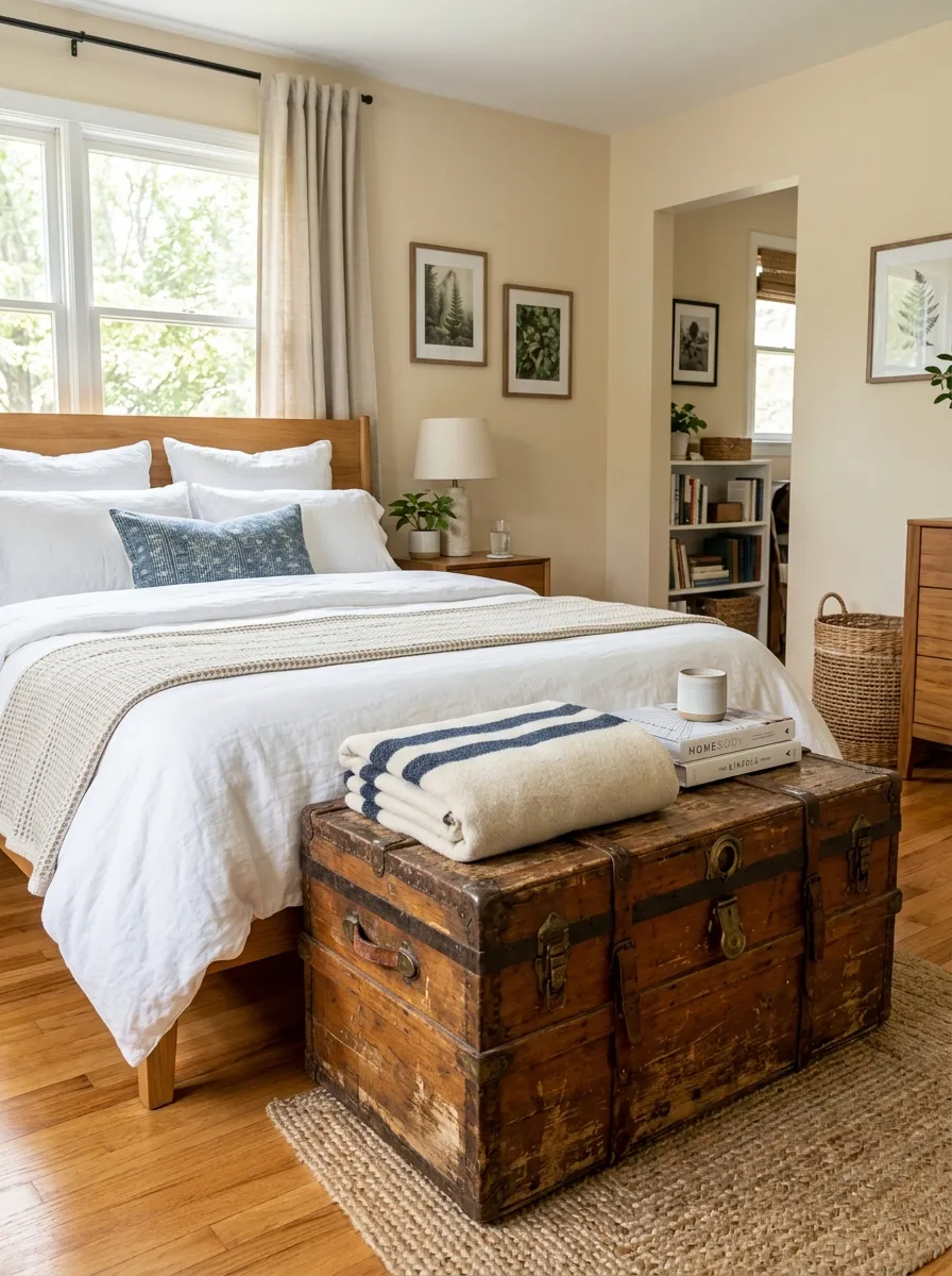 Realistic photo of a bedroom with a weathered vintage wooden trunk placed at the foot of a neatly made bed, beautifully arranged folded blanket on top, organized clean room styling, bright natural light, vibrant warm wood tones, real-life home interior, stock photography style, no people