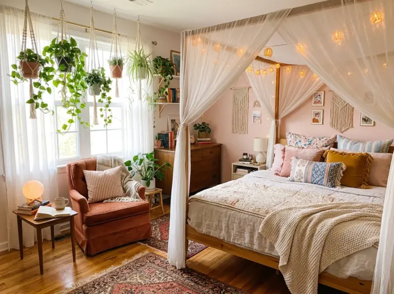 Realistic photo of a dreamy whimsy bedroom captured from a slightly elevated angle, showing a canopy bed with sheer drapery and warm fairy lights, a soft pastel accent wall, layered vintage rugs, hanging plants near a sunny window, and a small reading nook with a moon lamp, neatly made bed with beautifully arranged mixed-pattern pillows, organized clean styling throughout, bright natural light streaming through a large window, vibrant warm and pastel tones, cozy real-life lived-in home interior, vertical portrait composition, stock photography style, no people, no text