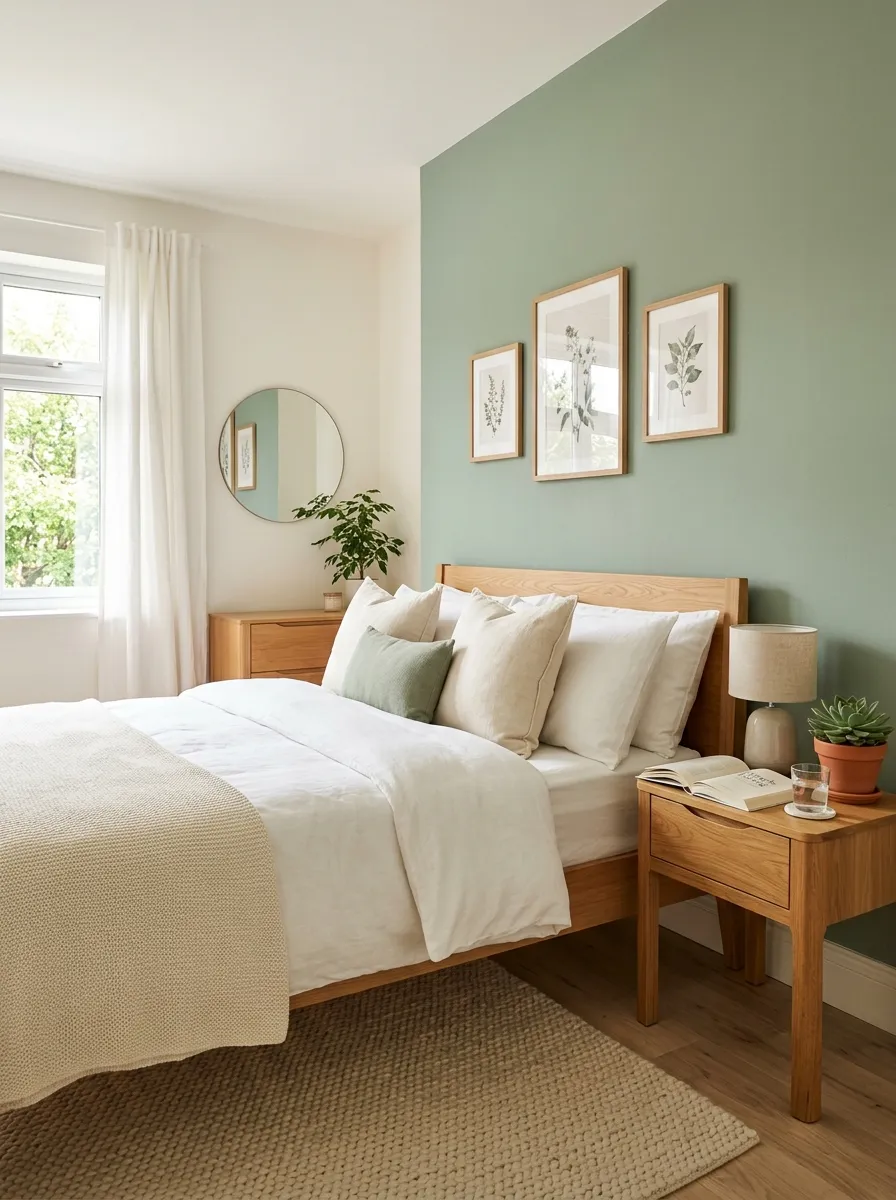 Realistic photo of a bedroom with one soft sage green accent wall, neatly made bed with white and cream bedding, beautifully arranged wooden nightstand with a small lamp, organized clean minimalist decor, bright natural light, vibrant fresh color contrast, cozy real-life home interior, stock photography style, no people