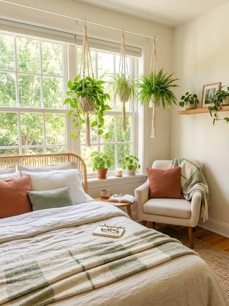 Realistic photo of a cozy bedroom corner with hanging plants in macrame holders near a sunny window, neatly arranged trailing greenery, beautifully organized reading nook with a small chair and cushion, clean bright space, bright natural light, vibrant green tones, real-life home interior, stock photography style, no people