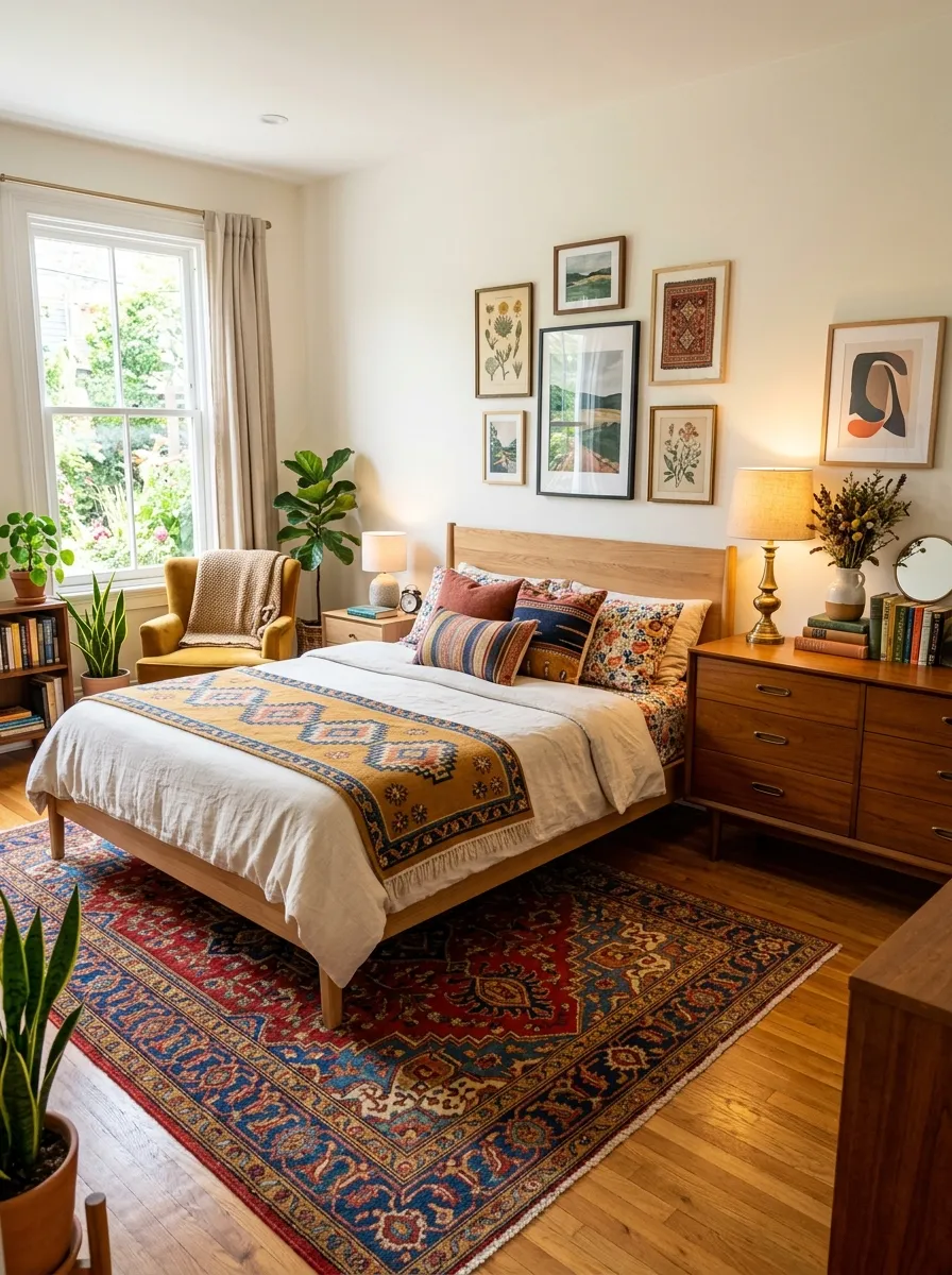 Realistic photo of a bedroom with an eclectic mix of vintage wooden dresser and modern bed frame, neatly made bed with colorful patterned rug, beautifully arranged decor blending old and new styles, organized clean layout, bright natural light, vibrant warm color palette, real-life lived-in home interior, stock photography style, no people