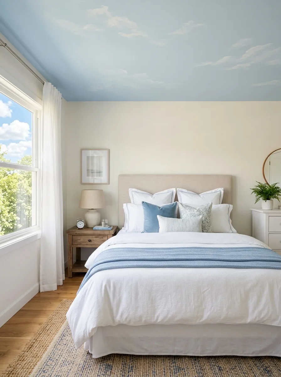 Realistic photo of a bedroom with a softly painted pastel blue ceiling featuring subtle cloud details, neatly made bed below with white linens, beautifully arranged headboard and pillows, organized clean room, bright natural light, vibrant sky-blue tones, real-life cozy home interior, stock photography style, no people