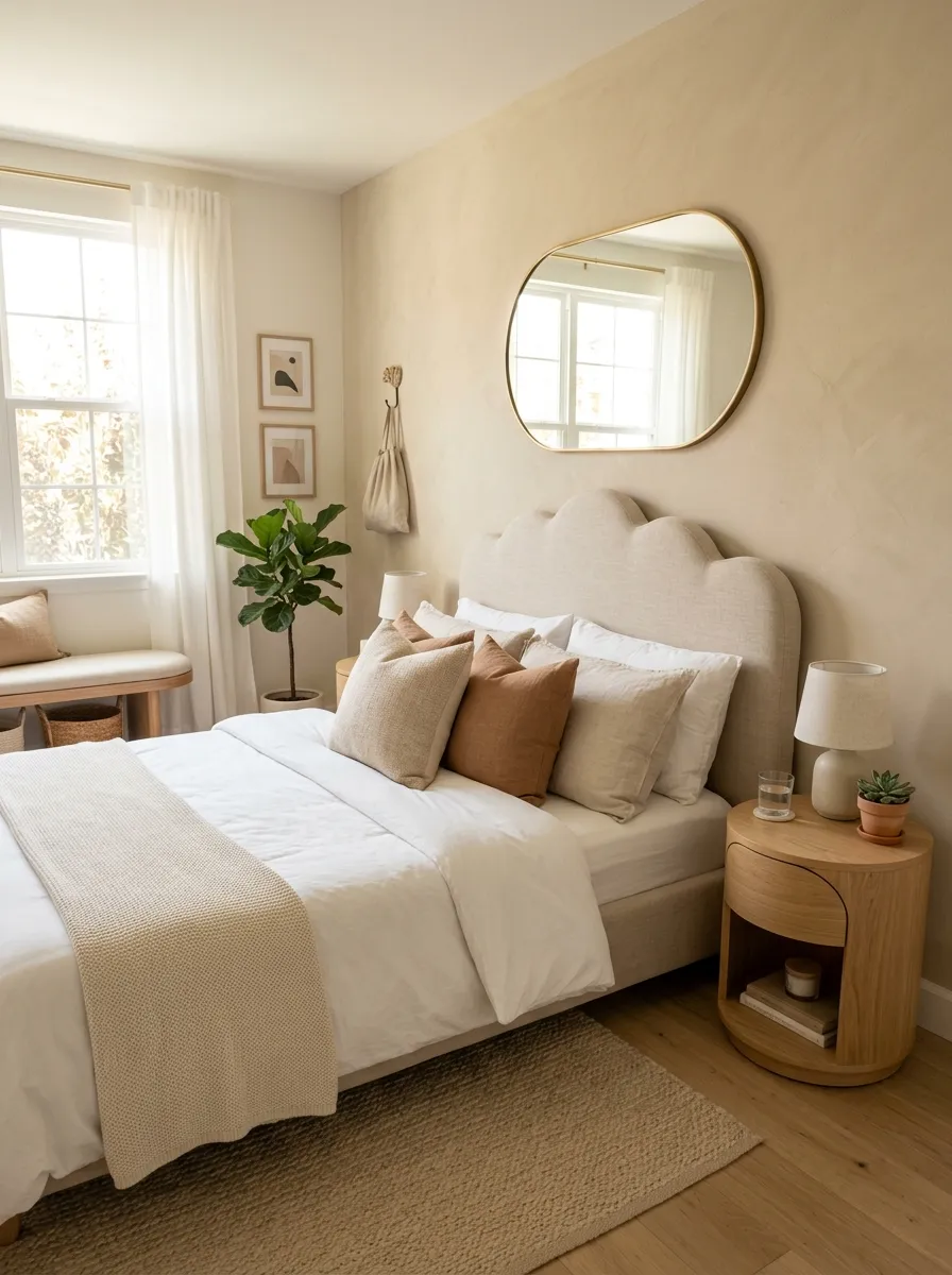 Realistic photo of a bedroom featuring curved furniture pieces like a rounded nightstand and an oval wall mirror, neatly made bed with soft pillows, beautifully arranged scalloped headboard, organized clean minimal styling, bright natural light, vibrant warm neutral tones, real-life home interior, stock photography style, no people