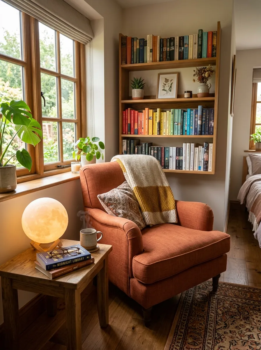 Realistic photo of a cozy bedroom reading nook with a round moon-shaped lamp glowing softly, neatly arranged cushioned chair with a throw blanket, beautifully organized small bookshelf, clean tidy corner, warm ambient light mixed with bright natural light from a window, vibrant cozy tones, real-life home interior, stock photography style, no people
