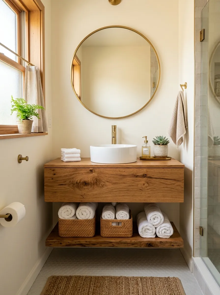 A real-life photograph of a small bathroom with a floating wood vanity and open shelving underneath, neatly made with rolled white towels and woven baskets, beautifully arranged with a round mirror above, bright natural light streaming through a window, clean organized countertop with a single plant and soap dispenser, vibrant warm tones, cozy and inviting, shot on a DSLR camera, Pinterest-style home interior photography, no people.