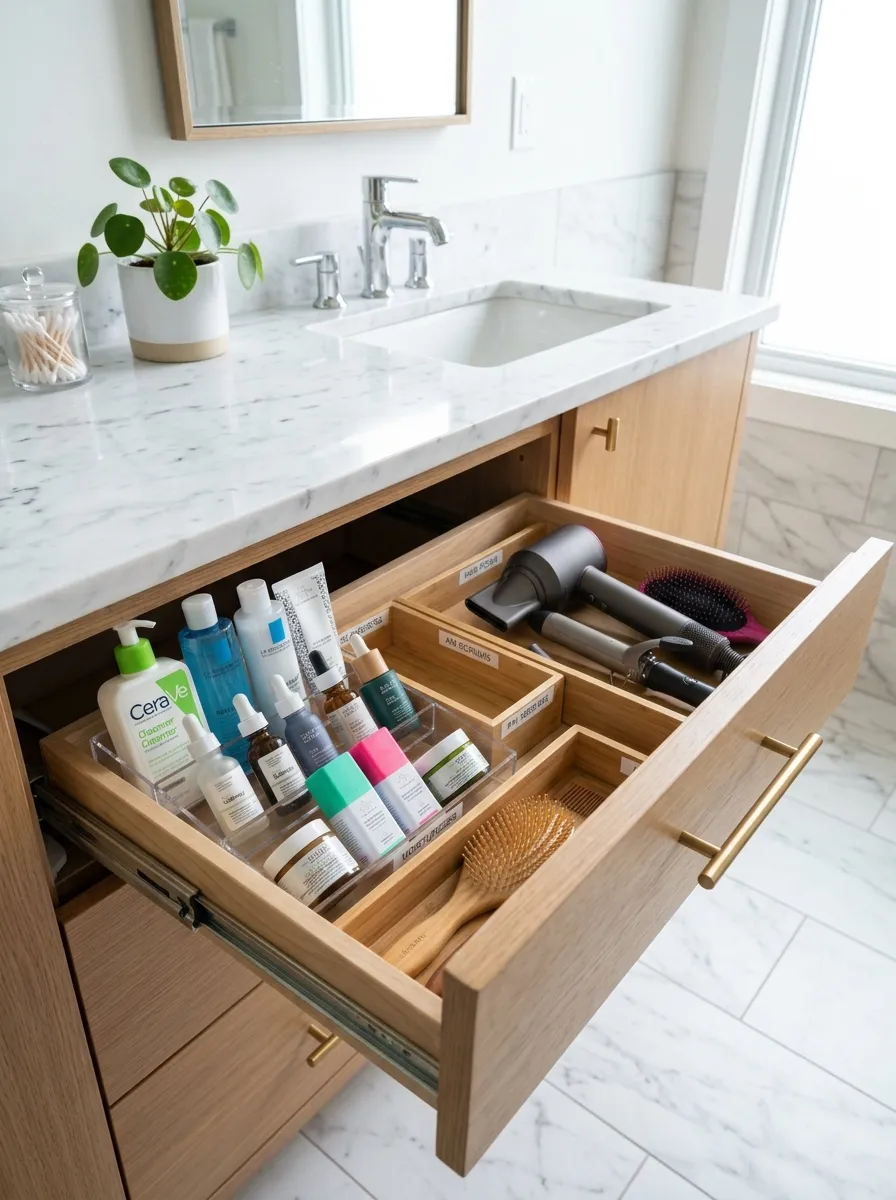 A real-life photograph of an open bathroom vanity drawer with pull-out organizers, neatly made with sorted skincare products and hair tools, beautifully arranged in labeled sections, clean organized layout, bright natural light, vibrant fresh colors, modern bathroom interior, Pinterest-style photography, no people, realistic detail, close-up angle.
