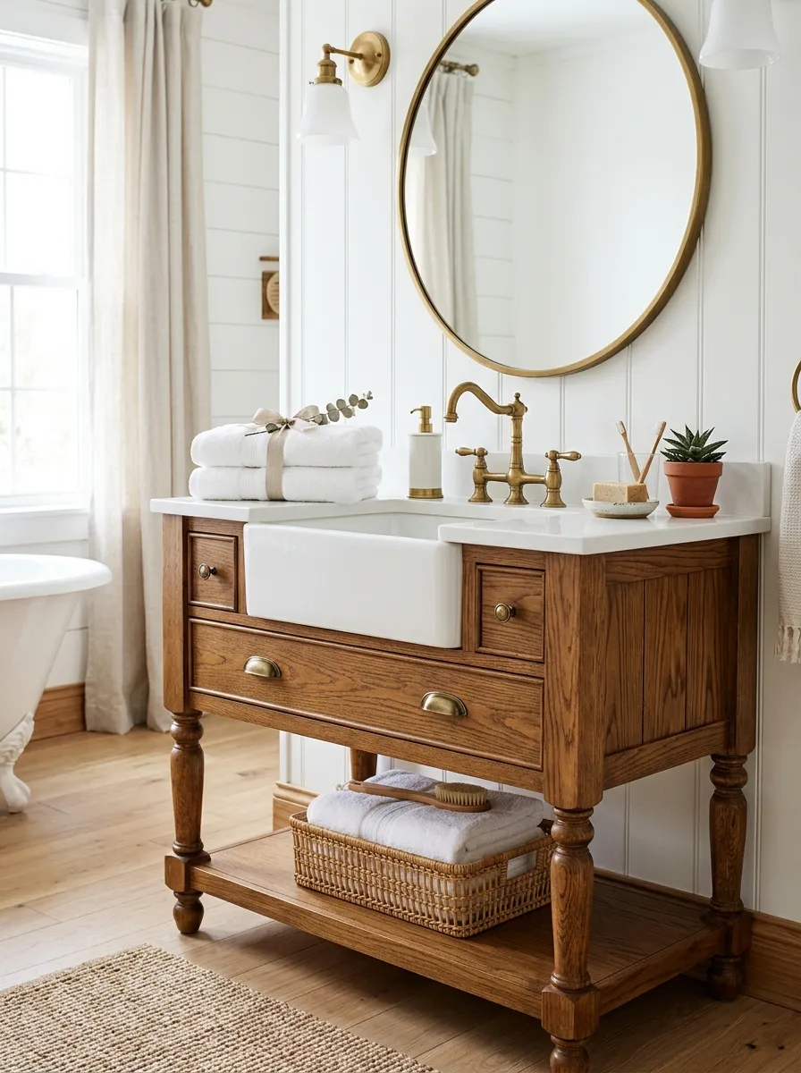 A real-life photograph of a freestanding bathroom vanity with turned wood legs, neatly made with a white ceramic sink on top, beautifully arranged with brass drawer pulls and a round mirror, organized countertop with folded towels, bright natural light, clean traditional style, vibrant warm wood tones, Pinterest interior photography, no people, realistic detail.