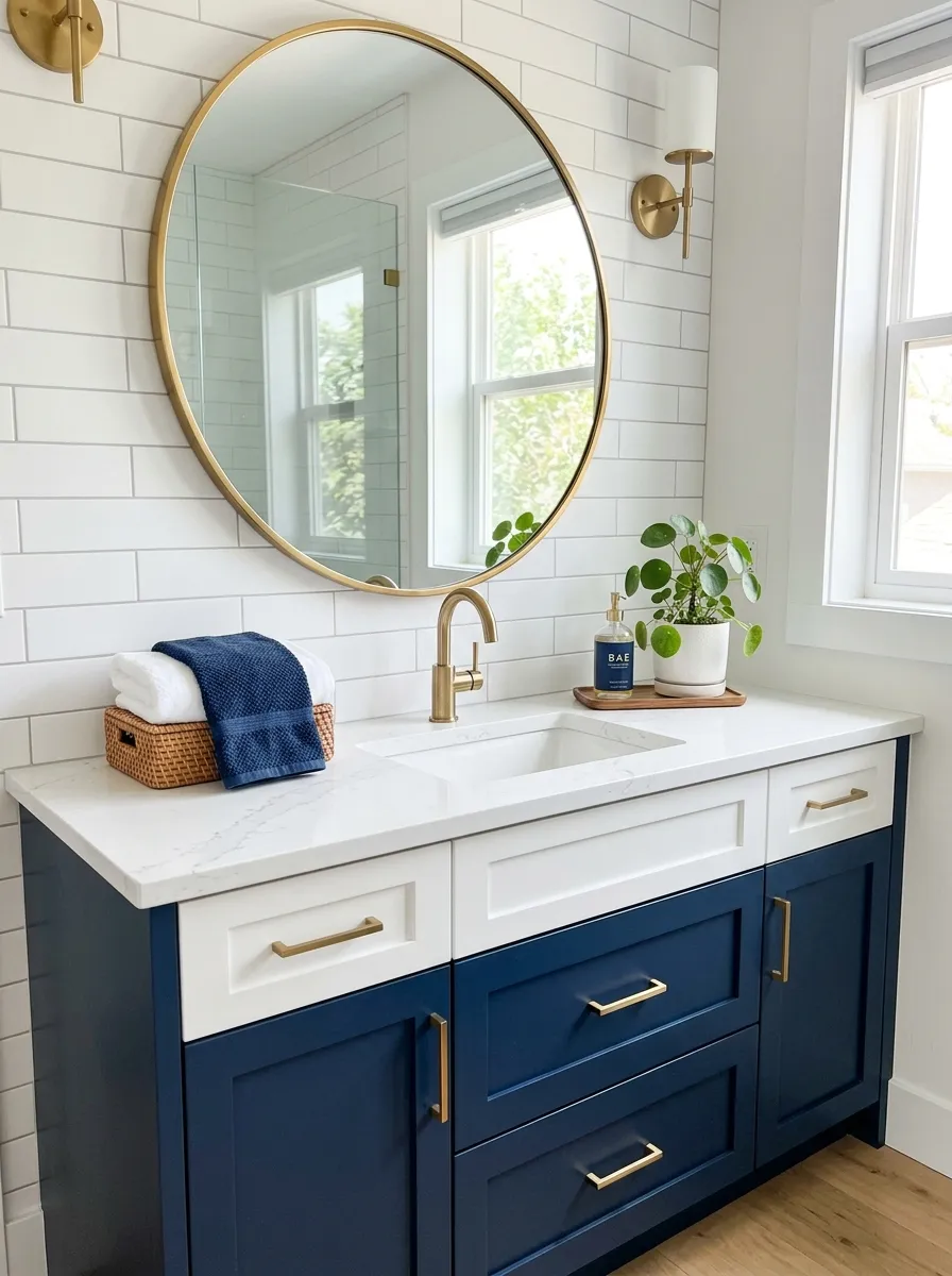 A real-life photograph of a two-tone bathroom vanity with a navy blue base and white upper drawers, neatly made countertop with folded towels, beautifully arranged with a round mirror and small plant, organized clean surface, bright natural light, vibrant contrasting colors, modern home interior, Pinterest-style photography, no people, realistic detail.