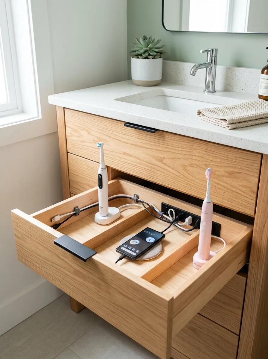 A real-life photograph of a bathroom vanity drawer opened to reveal a hidden charging station, neatly made with an electric toothbrush and phone charging neatly, beautifully arranged organized cables, clean modern countertop above, bright natural light, vibrant fresh tones, Pinterest home organization photography, no people, realistic close-up detail.
