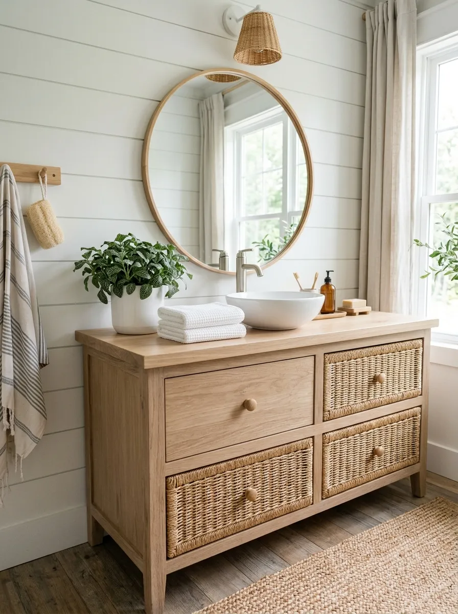 A real-life photograph of a bathroom vanity with woven basket drawer fronts, neatly made light wood countertop above, beautifully arranged with a small plant and round mirror, organized clean surface with folded towels, bright natural light, vibrant natural tones, coastal farmhouse style, Pinterest interior photography, no people, realistic texture detail.