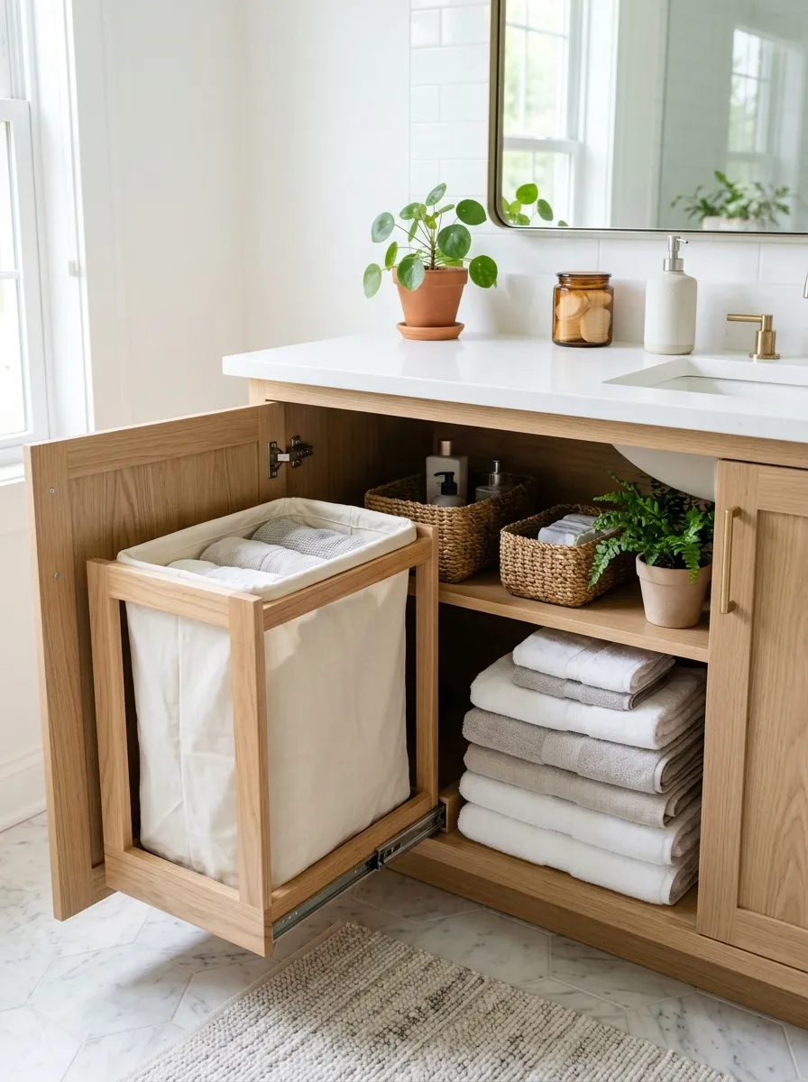 A real-life photograph of a bathroom vanity cabinet opened to show a hidden pull-out laundry hamper, neatly made with folded towels stacked beside it, beautifully arranged organized interior, clean countertop above, bright natural light, vibrant fresh colors, Pinterest home organization photography, no people, realistic detail.