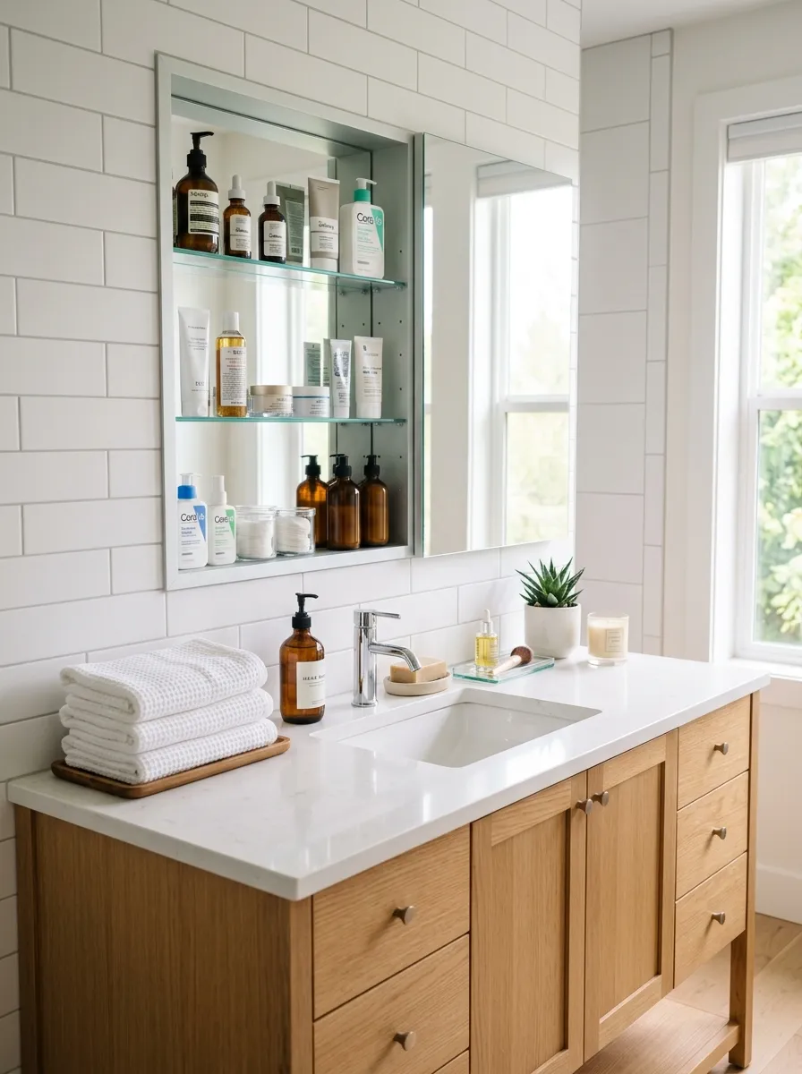 A real-life photograph of a bathroom vanity with a recessed mirrored medicine cabinet above, neatly made with organized shelves showing skincare bottles, beautifully arranged clean countertop below with folded towels, bright natural light, clean modern style, vibrant fresh tones, Pinterest interior photography, no people, realistic detail.