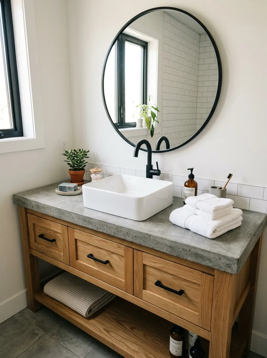 A real-life photograph of a bathroom vanity with a gray concrete countertop and wood cabinet base, neatly made with black faucet and round mirror, beautifully arranged organized surface with folded towels and small plant, bright natural light, clean industrial style, vibrant warm and cool tones, Pinterest photography, no people, realistic texture.