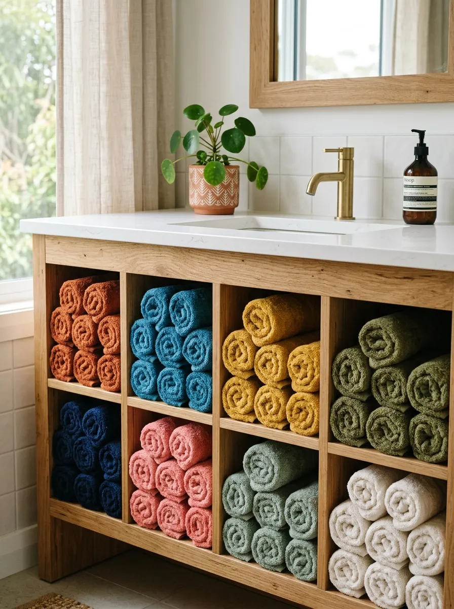 A real-life photograph of a bathroom vanity with open cubby storage filled with neatly rolled towels, beautifully arranged in matching colors, organized clean layout, countertop above with a small plant, bright natural light, vibrant towel colors, Pinterest home organization photography, no people, realistic detail, close angle.