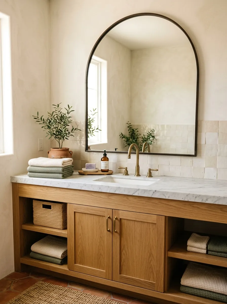A real-life photograph of a bathroom vanity with an oversized arched mirror on the wall, neatly made countertop with folded towels and small plant, beautifully arranged clean organized surface, bright natural light, vibrant warm tones, modern Mediterranean style bathroom, Pinterest interior photography, no people, realistic detail.