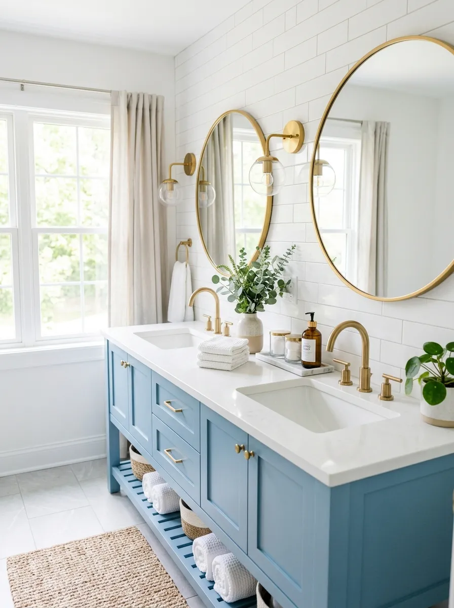 A real-life photograph of a bright bathroom with a double sink vanity, neatly made with two matching white sinks and gold faucets, beautifully arranged with two round mirrors above, organized countertop with folded towels and small plants, bright natural light from a nearby window, clean modern aesthetic, vibrant colors, Pinterest home design photography, no people, high resolution.