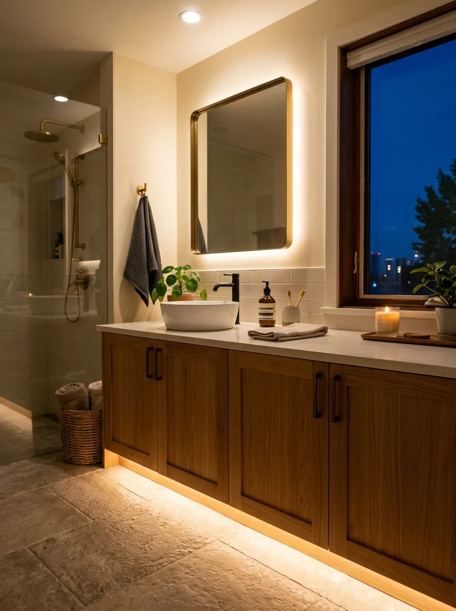 A real-life photograph of a bathroom vanity with soft LED toe-kick lighting glowing underneath at night, neatly made cabinet front, beautifully arranged clean modern bathroom, organized countertop above, warm ambient light mixed with bright natural light from window, vibrant cozy tones, Pinterest photography, no people, realistic detail.