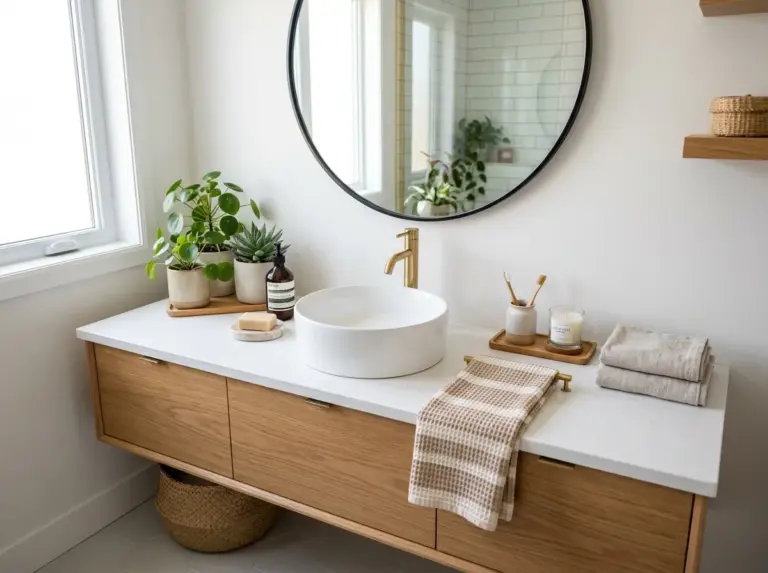 A real-life photograph of a beautifully styled bathroom vanity area, neatly made with a clean countertop, beautifully arranged with a stylish mirror, plants, and folded towels, organized and clutter-free, bright natural light streaming in, vibrant fresh colors, modern yet cozy home interior, Pinterest-style stock photography, no people, high resolution, realistic details.