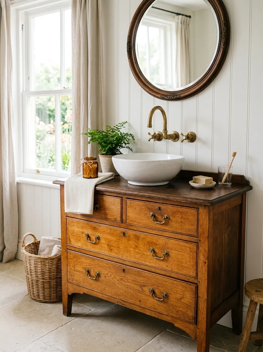 A real-life photograph of a vintage wooden dresser converted into a bathroom vanity, neatly made with a white vessel sink on top, beautifully arranged with brass faucet and vintage mirror, organized surface with a small glass jar and folded hand towel, bright natural light, clean farmhouse style bathroom, vibrant warm wood tones, Pinterest interior photography, no people, realistic detail.