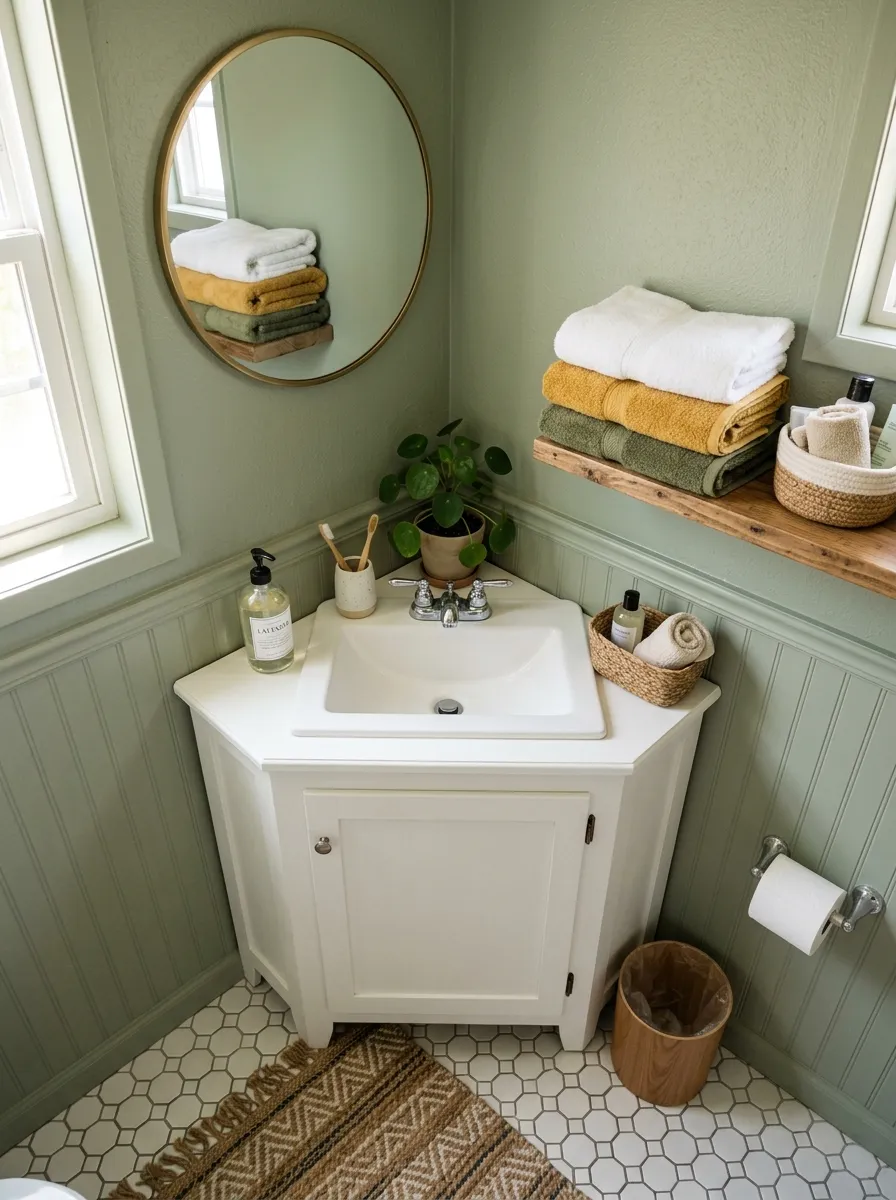 A real-life photograph of a small corner bathroom vanity with a triangular sink, neatly made with a compact shelf holding folded towels, beautifully arranged with a small round mirror above, clean organized space, bright natural light, vibrant fresh colors, tiny powder room interior, Pinterest-style photography, no people, realistic textures.