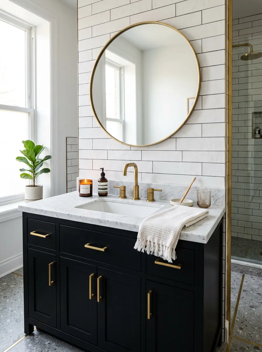 A real-life photograph of a modern bathroom with a black matte vanity and brass hardware, neatly made with a white marble countertop, beautifully arranged with gold faucet and round mirror, organized surface with a small candle and neatly folded towel, bright natural light, clean industrial style, vibrant contrast, Pinterest home decor photography, no people, sharp realistic detail.