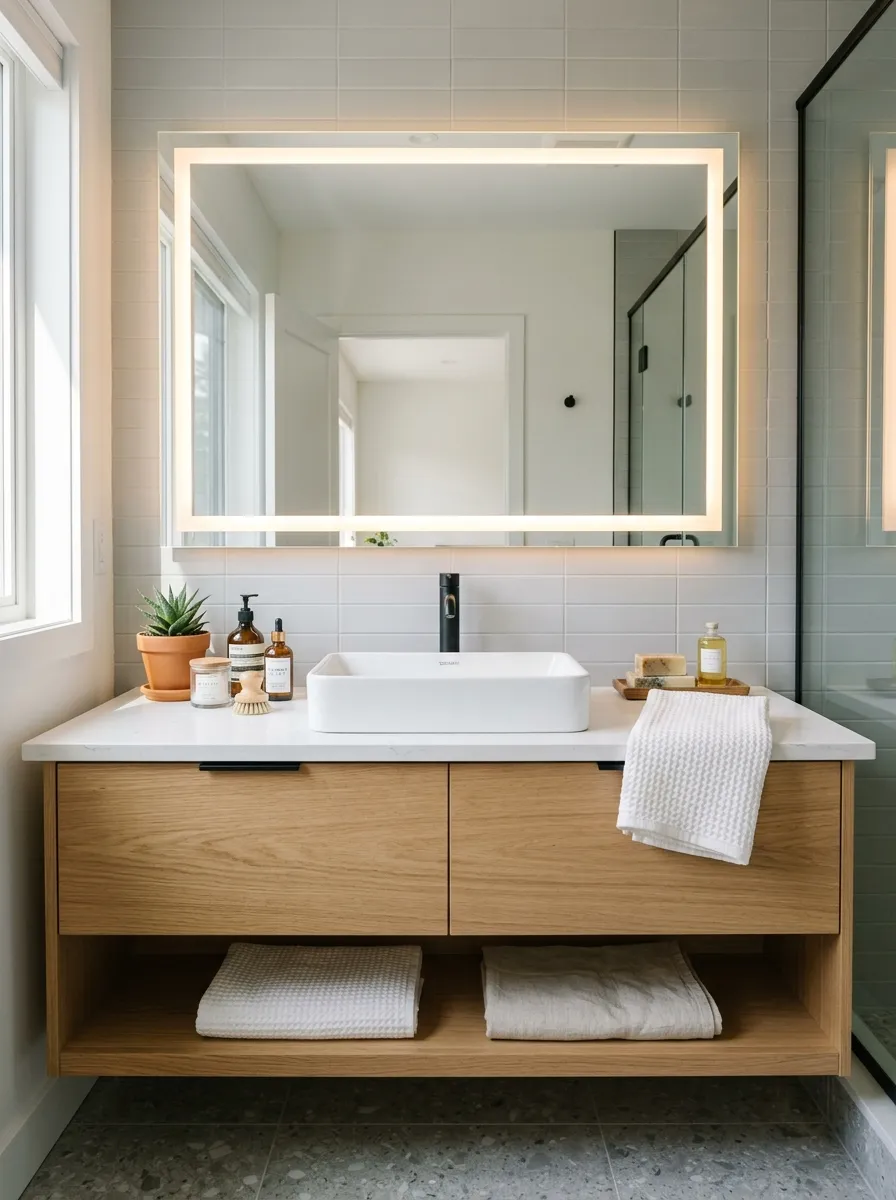 A real-life photograph of a modern bathroom vanity with a backlit LED mirror glowing softly, neatly made countertop with organized skincare bottles, beautifully arranged with a small plant and folded towel, bright natural light mixing with warm LED glow, clean minimalist style, vibrant soft tones, Pinterest interior photography, no people, realistic detail.