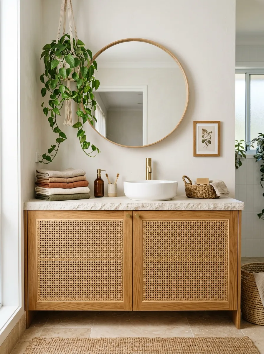 A real-life photograph of a bathroom vanity with woven rattan cabinet doors, neatly made with a stone countertop and round mirror above, beautifully arranged with a hanging plant and small woven basket, organized surface with folded linen towels, bright natural light, clean boho coastal style, vibrant earthy tones, Pinterest photography, no people, realistic texture.