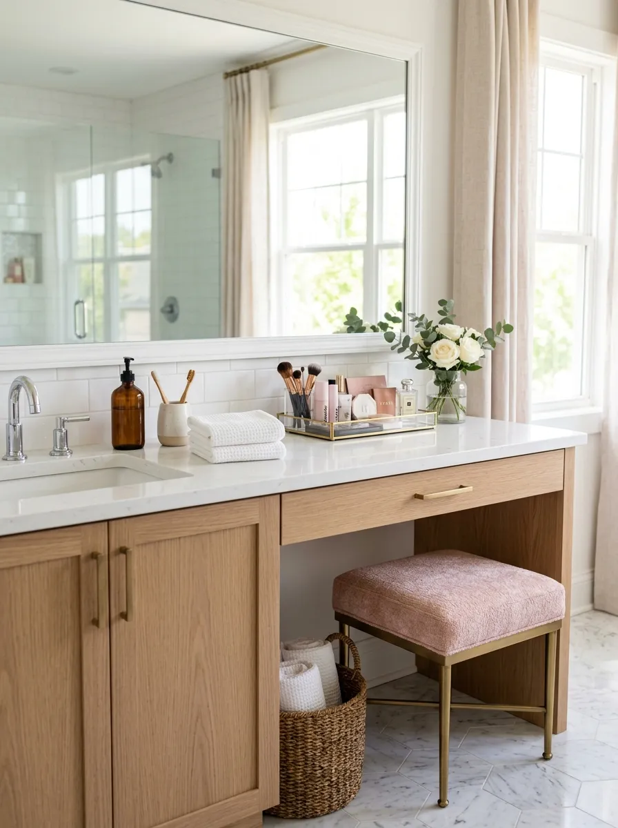 A real-life photograph of a bathroom vanity with a built-in seating nook, neatly made with a cushioned stool tucked underneath, beautifully arranged with a wide mirror and organized makeup tray, clean countertop with folded towels, bright natural light, vibrant soft colors, elegant home interior, Pinterest-style photography, no people, realistic detail.