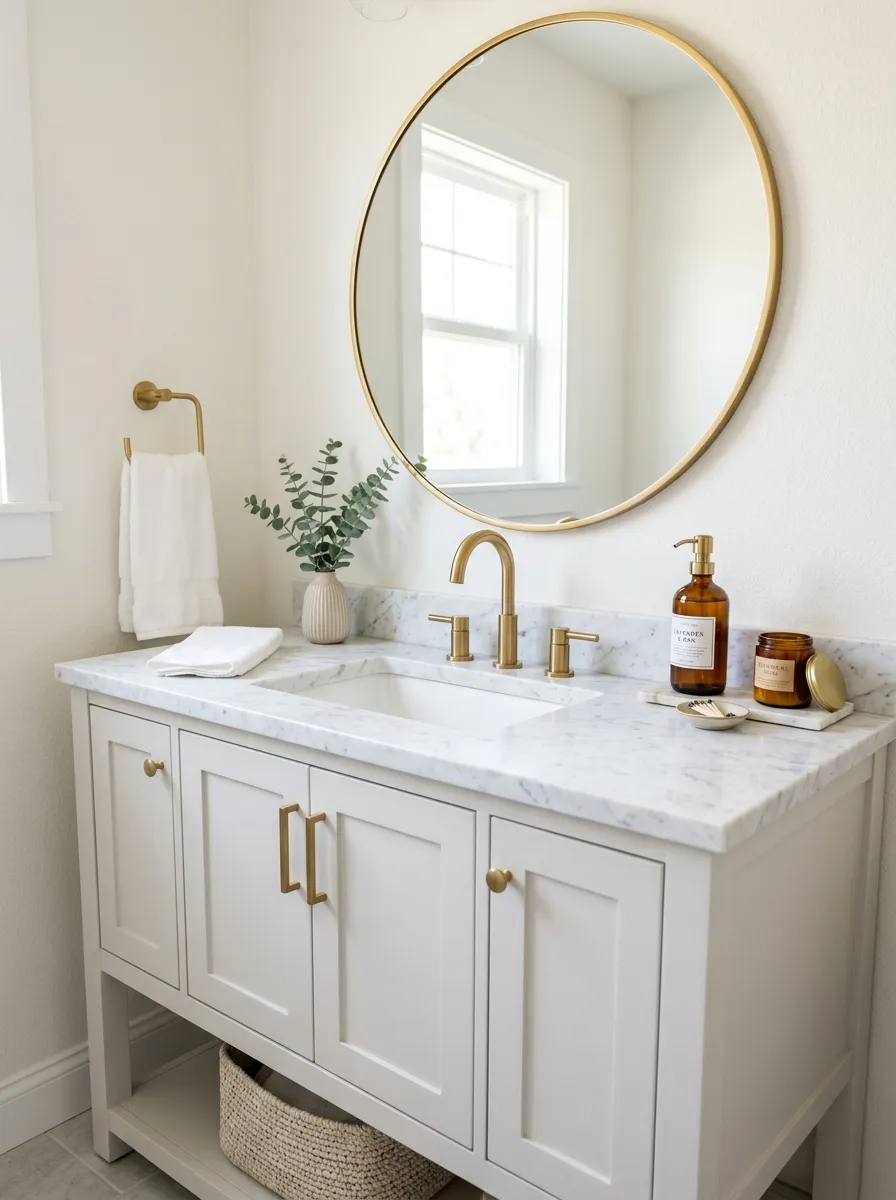 A real-life photograph of a bathroom vanity with a white marble countertop and brushed gold fixtures, neatly made with a gold faucet and round mirror, beautifully arranged with a small candle and soap dispenser, organized clean surface, bright natural light, vibrant elegant tones, Pinterest home decor photography, no people, sharp realistic detail.