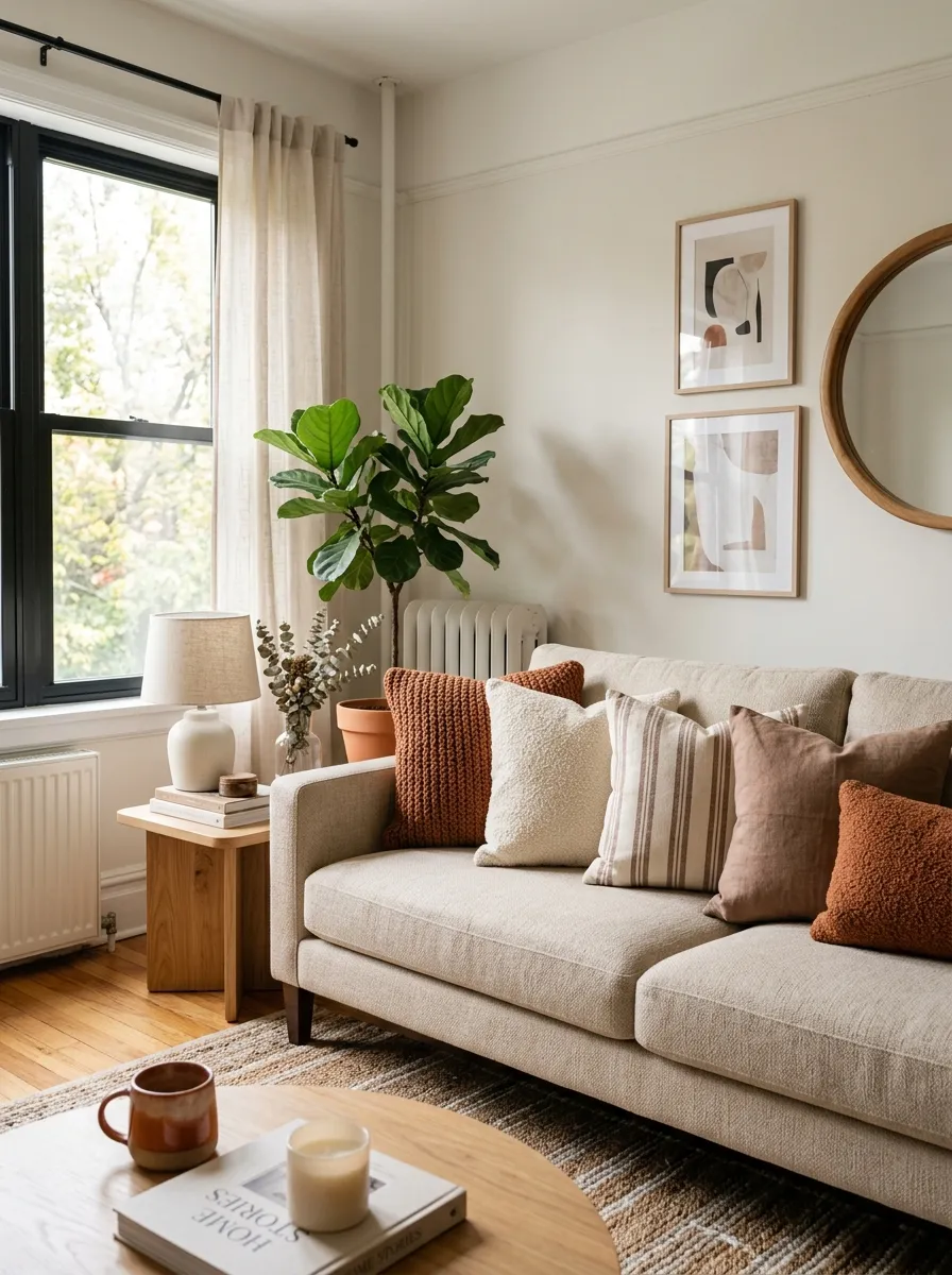 Real-life photography of a beige couch living room, sofa neatly made with a curated mix of bouclé, linen, and chunky knit throw pillows in cream, rust, and soft brown tones. Beautifully arranged in odd groupings, clean and organized styling, bright natural light streaming through a nearby window, vibrant warm colors, cozy authentic home interior, high-resolution stock photo style, no illustration, no 3D render.