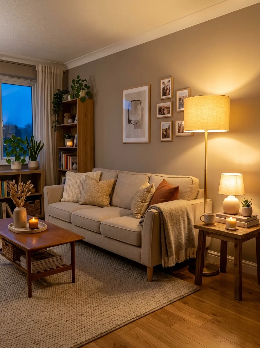 Real-life photography of a beige couch living room with a warm-toned floor lamp beside a neatly made beige sofa and a small table lamp glowing on a side table, beautifully arranged evening ambiance, clean and organized styling, warm bright light, vibrant golden glow against beige tones, authentic cozy home interior, stock photo style, no illustration, no 3D render.