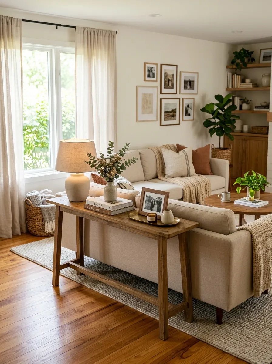 Real-life photography of a beige couch living room with a slim wooden console table placed behind a neatly made floating beige sofa, beautifully arranged with a lamp and small decor, clean and organized styling, bright natural light, vibrant warm wood tones, authentic cozy home interior, stock photo style, no illustration, no 3D render.