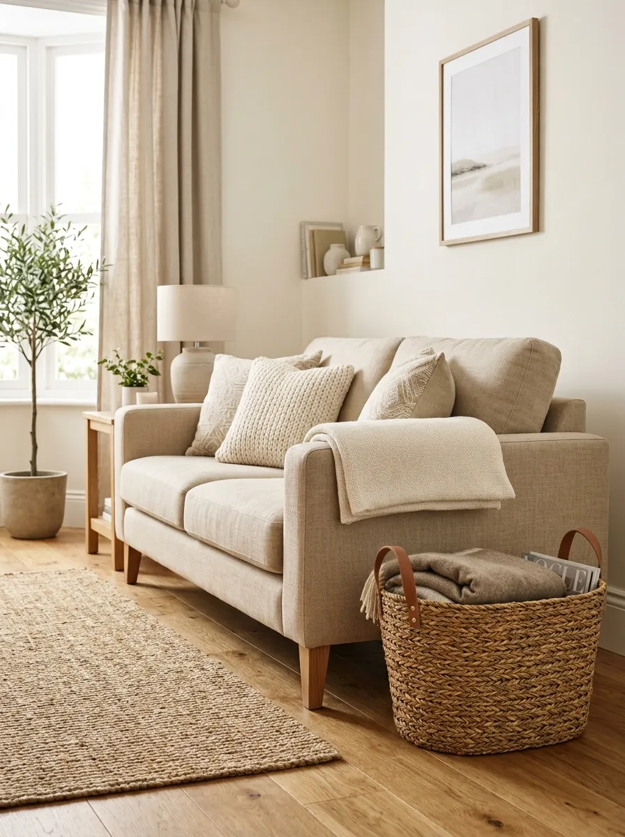 Real-life photography of a beige couch living room with a woven seagrass storage basket placed beside a neatly made beige sofa, beautifully arranged with a folded blanket peeking out, clean and organized styling, bright natural light, vibrant natural fiber texture, authentic cozy home interior, stock photo style, no illustration, no 3D render.