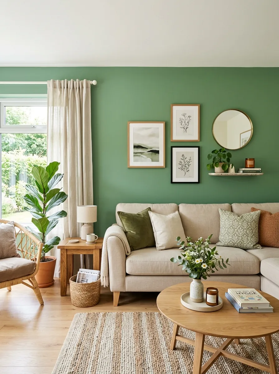 Real-life photography of a beige couch living room with a sage green accent wall behind a neatly made beige sofa, beautifully arranged decor on the wall, clean and organized styling, bright natural light, vibrant color contrast between wall and beige tones, authentic cozy home interior, stock photo style, no illustration, no 3D render.