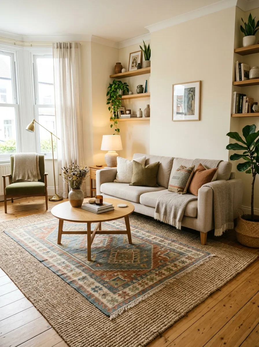 Real-life photography of a beige couch living room with a patterned rug layered over a jute base rug in front of a neatly made beige sofa, beautifully arranged and organized styling, clean floor space, bright natural light, vibrant muted pattern tones, authentic cozy home interior, stock photo style, no illustration, no 3D render.