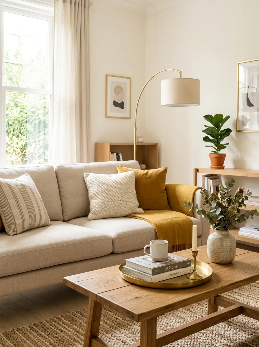 Real-life photography of a beige couch living room with warm brass accents including a slim floor lamp and small tray on a coffee table near a neatly made beige sofa, beautifully arranged and organized styling, clean setup, bright natural light reflecting off brass, vibrant warm gold tones, authentic cozy home interior, stock photo style, no illustration, no 3D render.