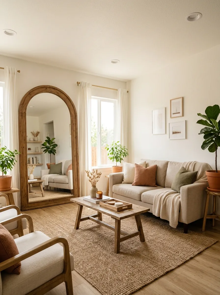 Real-life photography of a beige couch living room with a large statement mirror in a wooden arched frame reflecting light across from a neatly made beige sofa, beautifully arranged and organized styling, clean wall space, bright natural light bouncing through the room, vibrant warm reflections, authentic cozy home interior, stock photo style, no illustration, no 3D render.