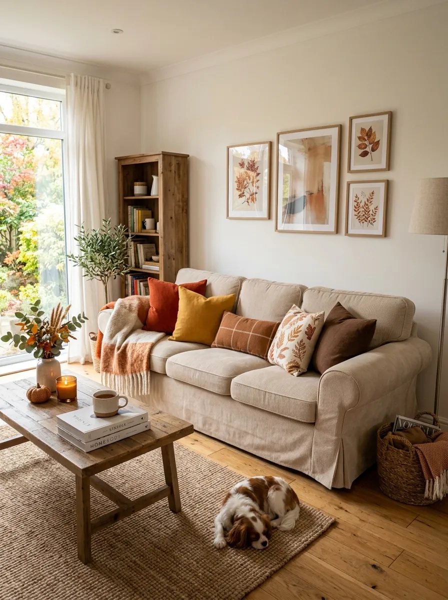Real-life photography of a beige couch living room with a neatly made beige sofa fitted in a ribbed cotton slipcover, beautifully arranged with seasonal throw pillows, clean and organized styling, bright natural light, vibrant seasonal color accents, authentic cozy home interior, stock photo style, no illustration, no 3D render.