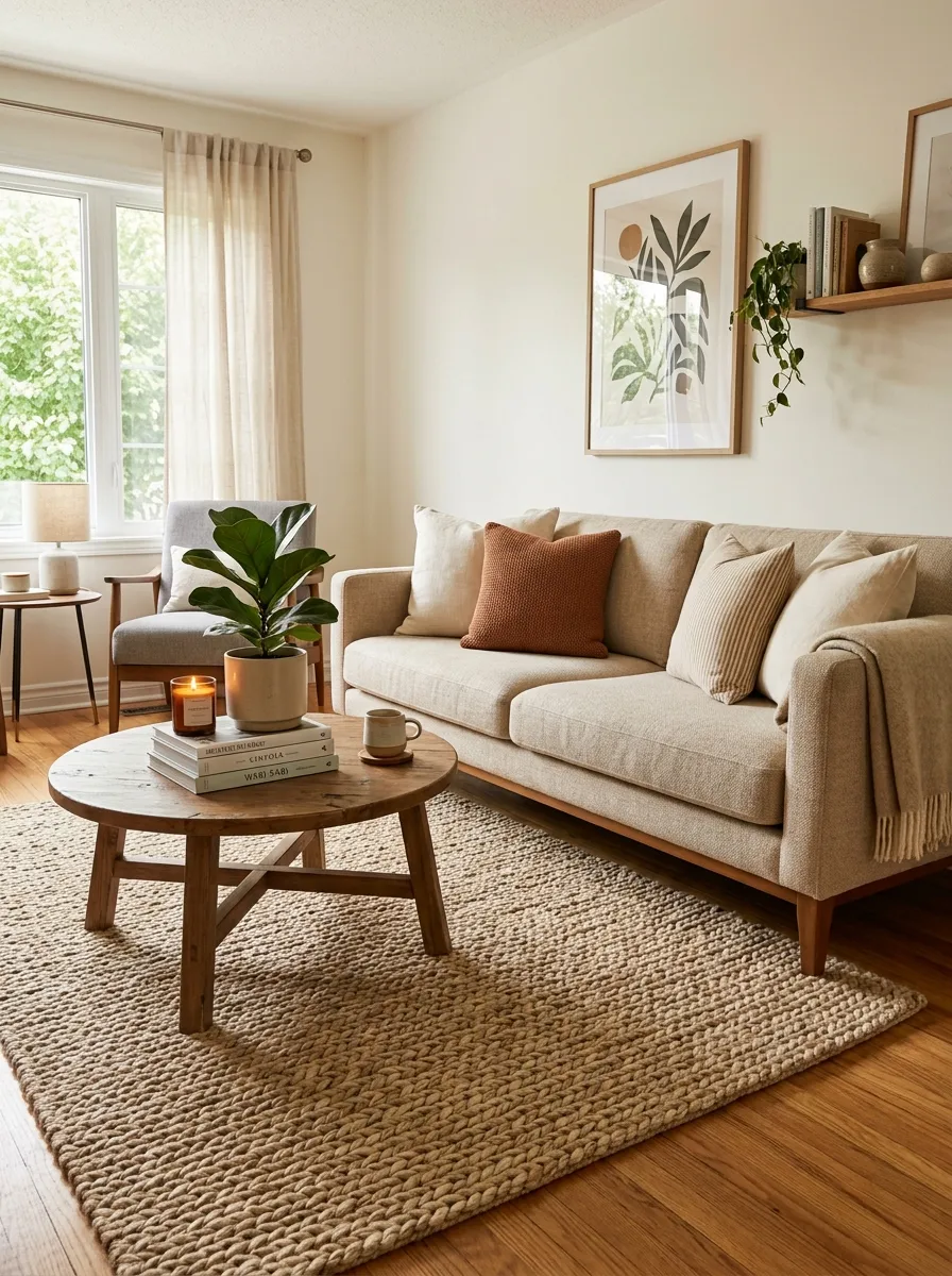Real-life photography of a beige couch living room featuring a chunky jute area rug in ivory tones placed under a neatly made beige sofa, front legs resting on the rug, beautifully arranged coffee table nearby, organized and clean styling, bright natural light, warm vibrant textures, authentic cozy home interior, high-resolution stock photo, no illustration, no 3D render.