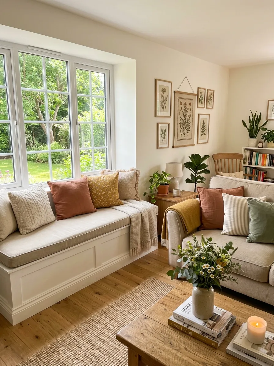 Real-life photography of a beige couch living room with a window bench seat topped with a neatly made cushion near a beige sofa, beautifully arranged small pillows, clean and organized styling, bright natural light streaming through the window, vibrant warm tones, authentic cozy home interior, stock photo style, no illustration, no 3D render.