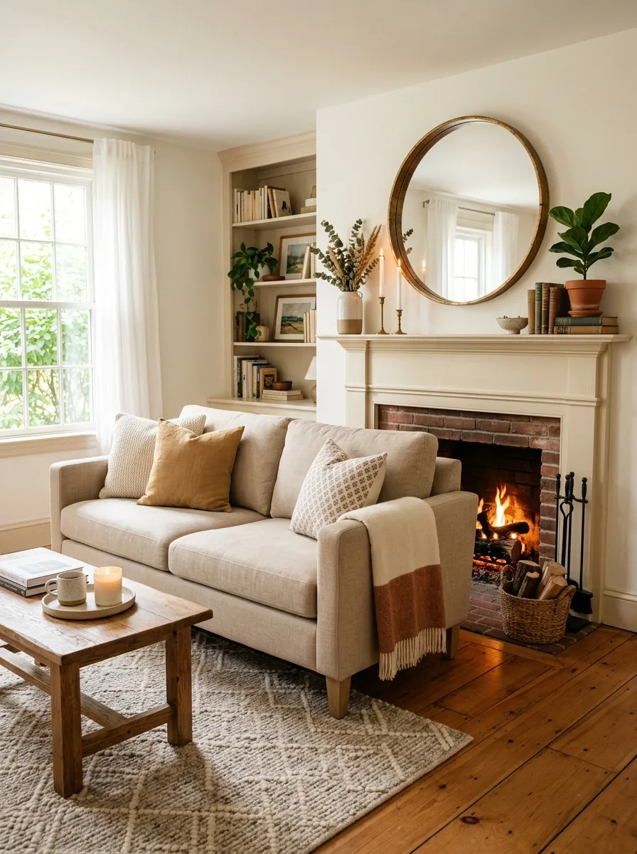 Real-life photography of a beige couch living room with a styled fireplace mantel featuring a large mirror, candles, and a small plant, neatly made beige sofa facing the fireplace, beautifully arranged and organized styling, clean setup, bright natural light, vibrant warm tones, authentic cozy home interior, stock photo style, no illustration, no 3D render.