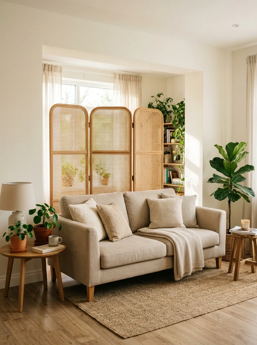 Real-life photography of a beige couch living room with a folding rattan room divider placed behind a neatly made beige sofa, beautifully arranged to define the seating zone, clean and organized styling, bright natural light filtering through the woven screen, vibrant warm texture, authentic cozy home interior, stock photo style, no illustration, no 3D render.