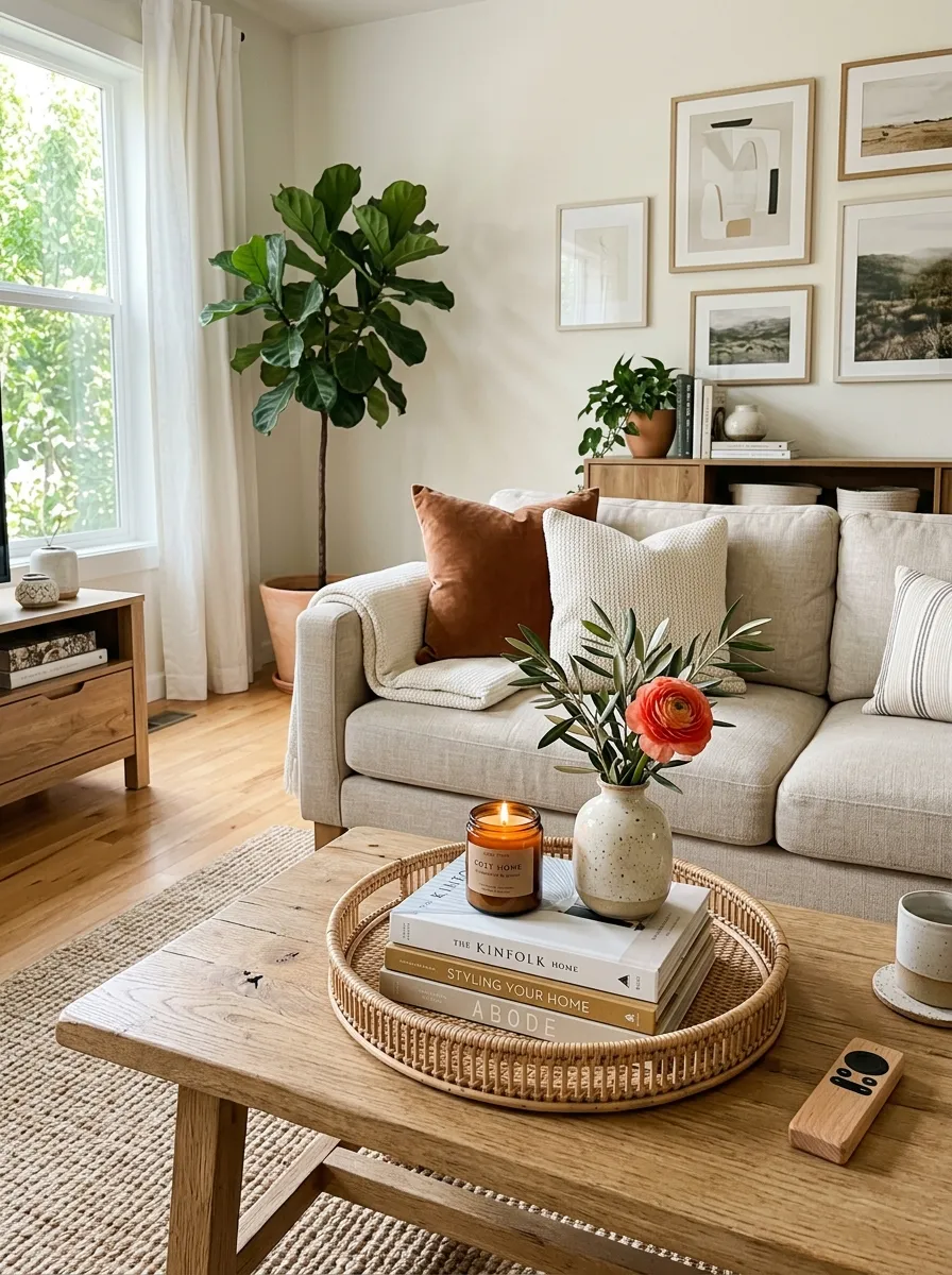 Real-life photography of a beige couch living room with a curated coffee table tray featuring a stack of books, a low candle, and a small vase in front of a neatly made beige sofa, beautifully arranged and organized styling, clean setup, bright natural light, vibrant accent colors, authentic cozy home interior, stock photo style, no illustration, no 3D render.