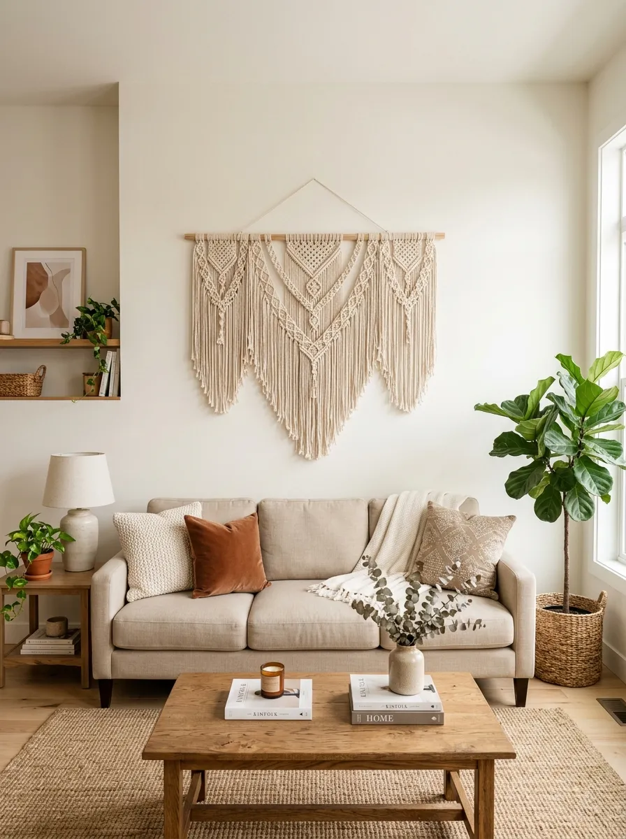 Real-life photography of a beige couch living room with a large woven macrame wall hanging centered above a neatly made beige sofa, beautifully arranged and organized styling, clean wall space, bright natural light highlighting the texture, vibrant warm neutral tones, authentic cozy home interior, stock photo style, no illustration, no 3D render.