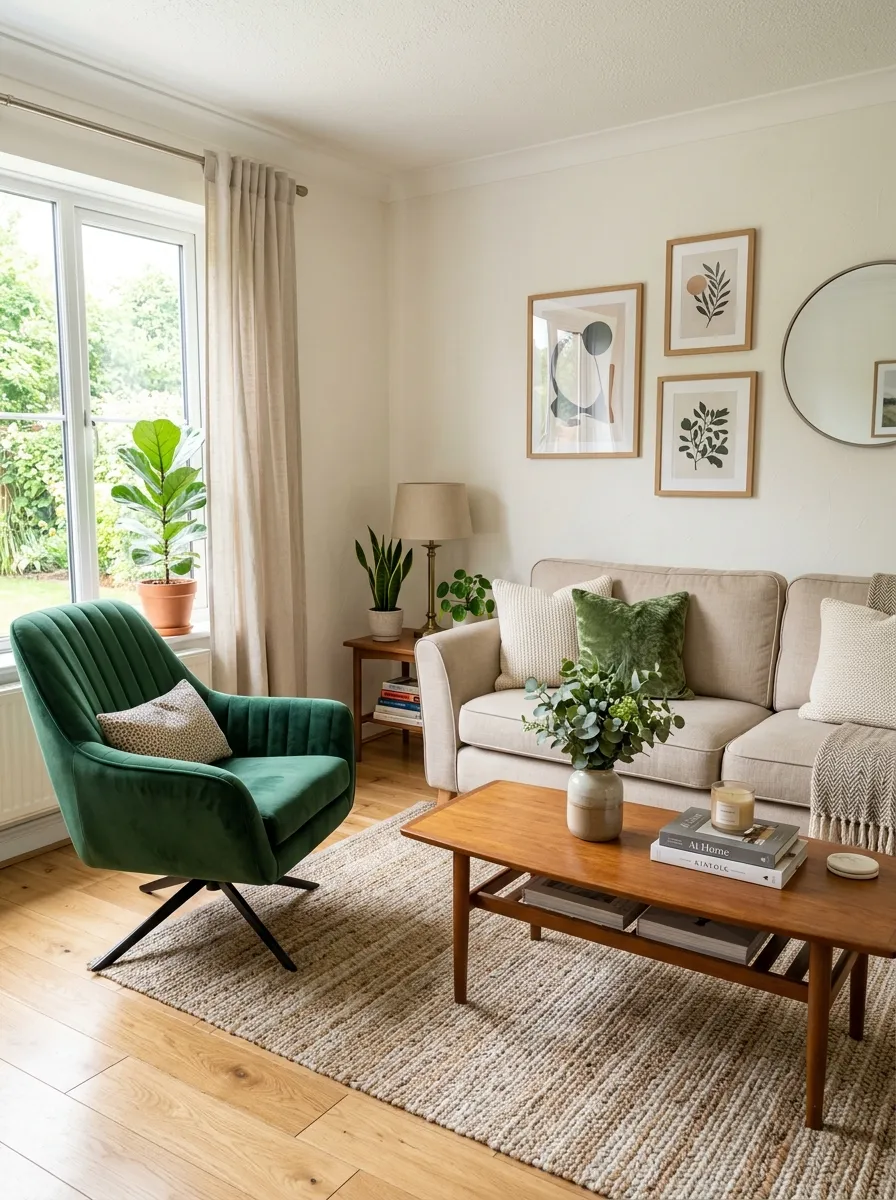 Real-life photography of a beige couch living room with a deep green velvet swivel accent chair angled toward a neatly made beige sofa, beautifully arranged and organized styling, clean setup, bright natural light, vibrant green color contrast, authentic cozy home interior, stock photo style, no illustration, no 3D render.